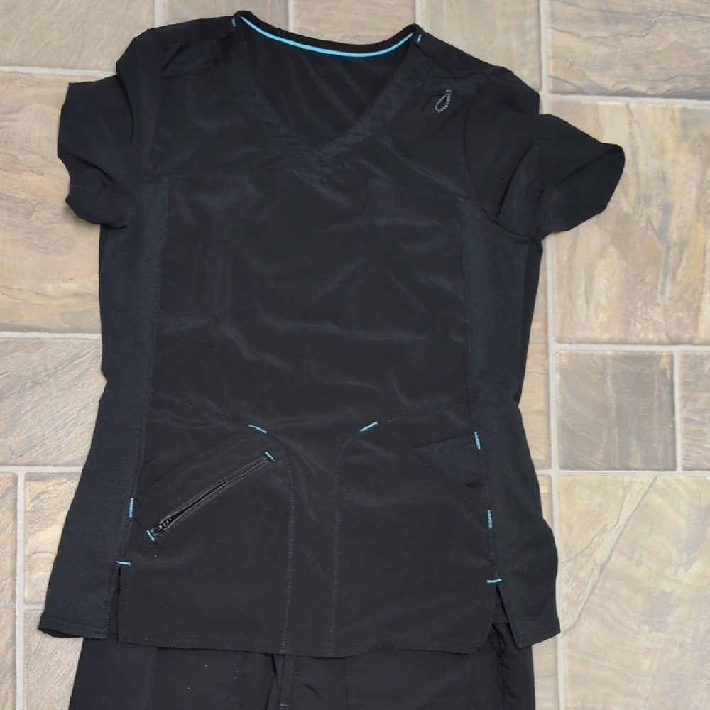 Scrubstar Black Scrub Top with Blue Accents And Bottom Set